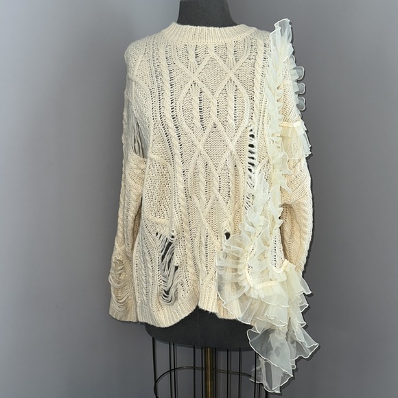 Cream Oversized Sweater Distressed Lace Accent - Picture 4 of 7